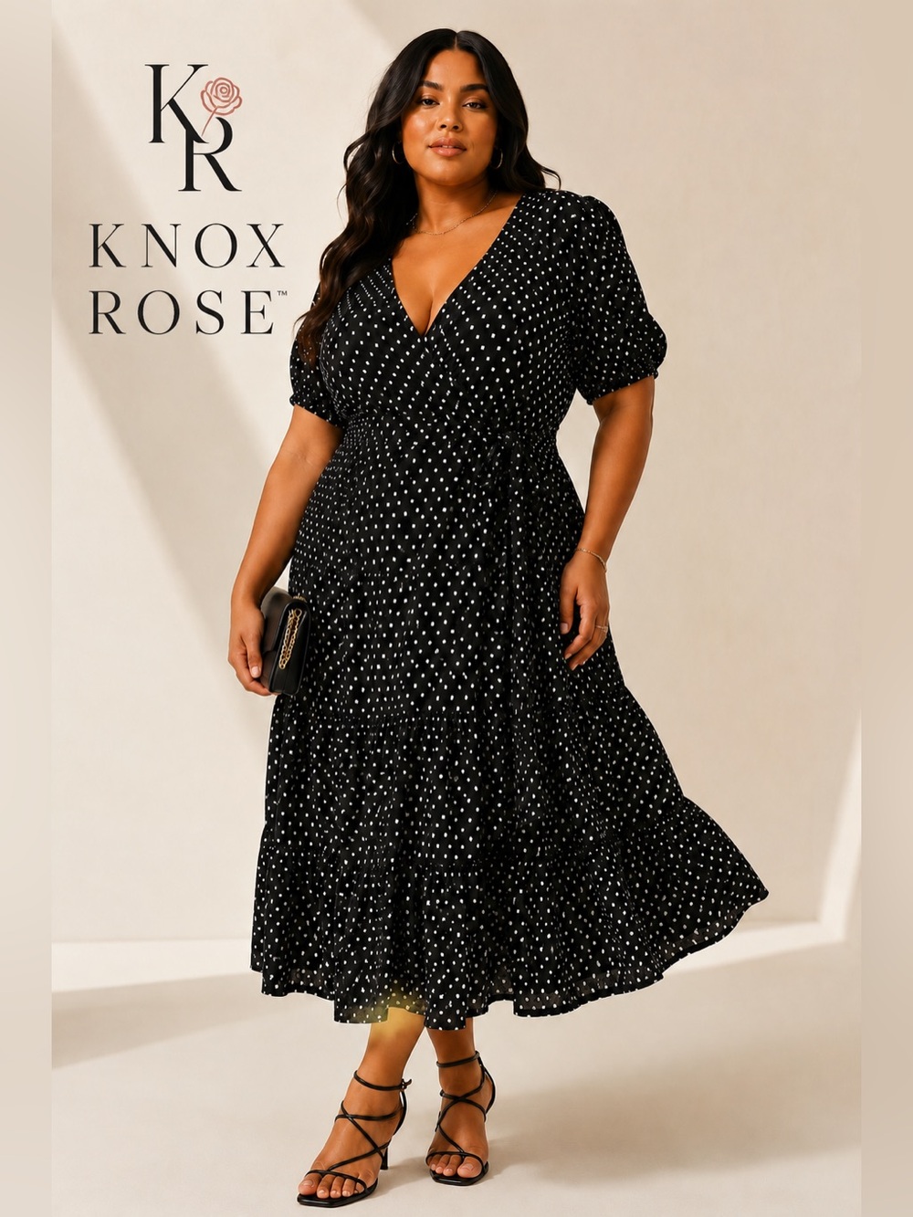 Knox Rose Plus Size Polka Dot Faux Wrap Midi Dress Women’s XXL Western Boho